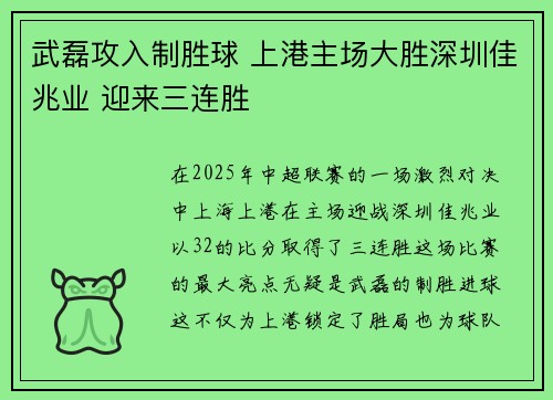 武磊攻入制胜球 上港主场大胜深圳佳兆业 迎来三连胜