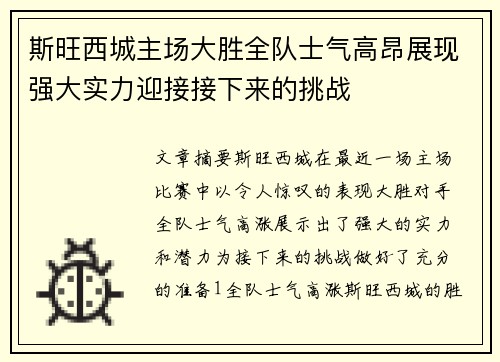 斯旺西城主场大胜全队士气高昂展现强大实力迎接接下来的挑战