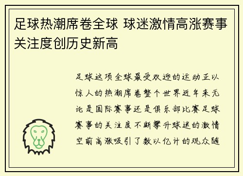 足球热潮席卷全球 球迷激情高涨赛事关注度创历史新高