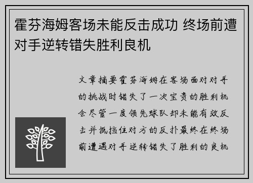 霍芬海姆客场未能反击成功 终场前遭对手逆转错失胜利良机
